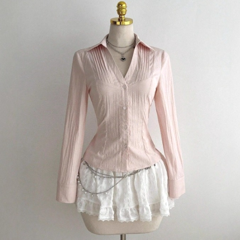 Chemisiers Femme Col Rabattu Manches Longues Tops Unis Coupe Ajustée Y2K Streetwear Élégant Chemises de Travail à Empiècements Printemps 2026