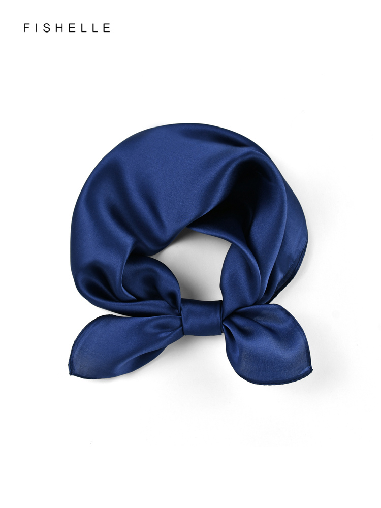 Foulard carré en soie bleu marine pour femmes, couleur unie, foulard en soie naturelle, petit hijab, col enveloppant, printemps automne