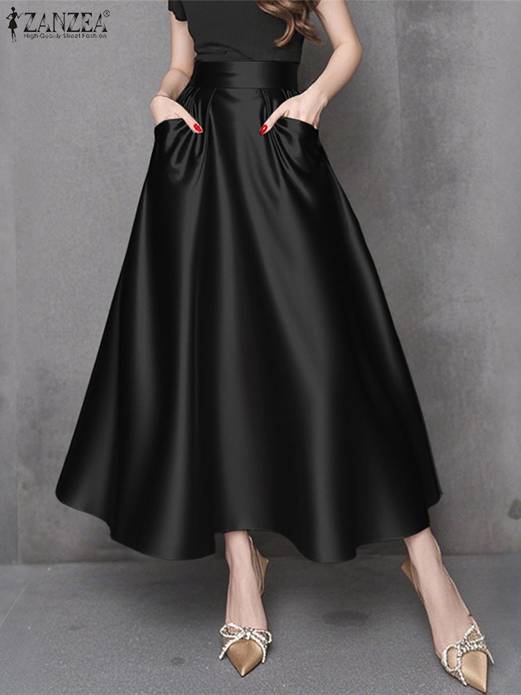 Femmes élégantes Maxi jupes longues 2025 ZANZEA élégant fête Satin Jupe été taille haute vacances Robe solide a-ligne travail Faldas Saia