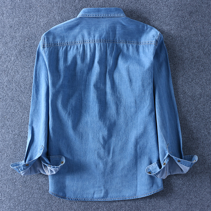 Chemise en jean à manches longues pour hommes, en coton doux, Double poches, Slim, légèrement élastique, hauts bleus, vêtements de Cowboy