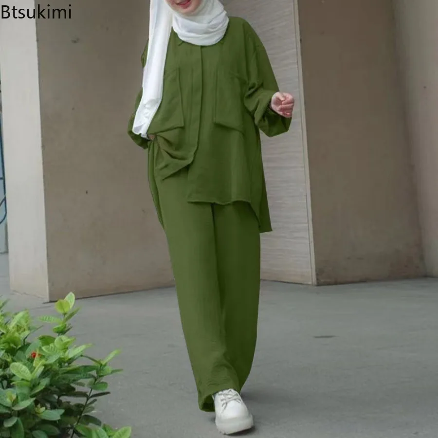 Femmes décontracté costume musulman solide Abaya Eid Ramadan à manches longues Blouse + pantalon 2 pièces ensemble dubaï turquie caftan femmes vêtements islamiques