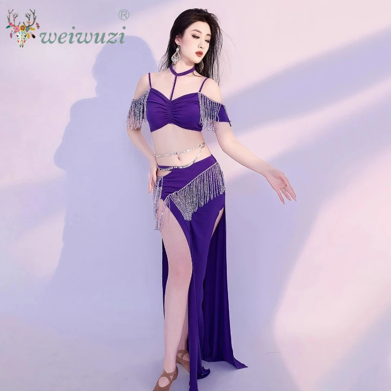 Ensemble de danse du ventre avec pompon, jupe longue cloutée de diamants, tenue de spectacle de danse orientale, vêtements de compétition pour femmes