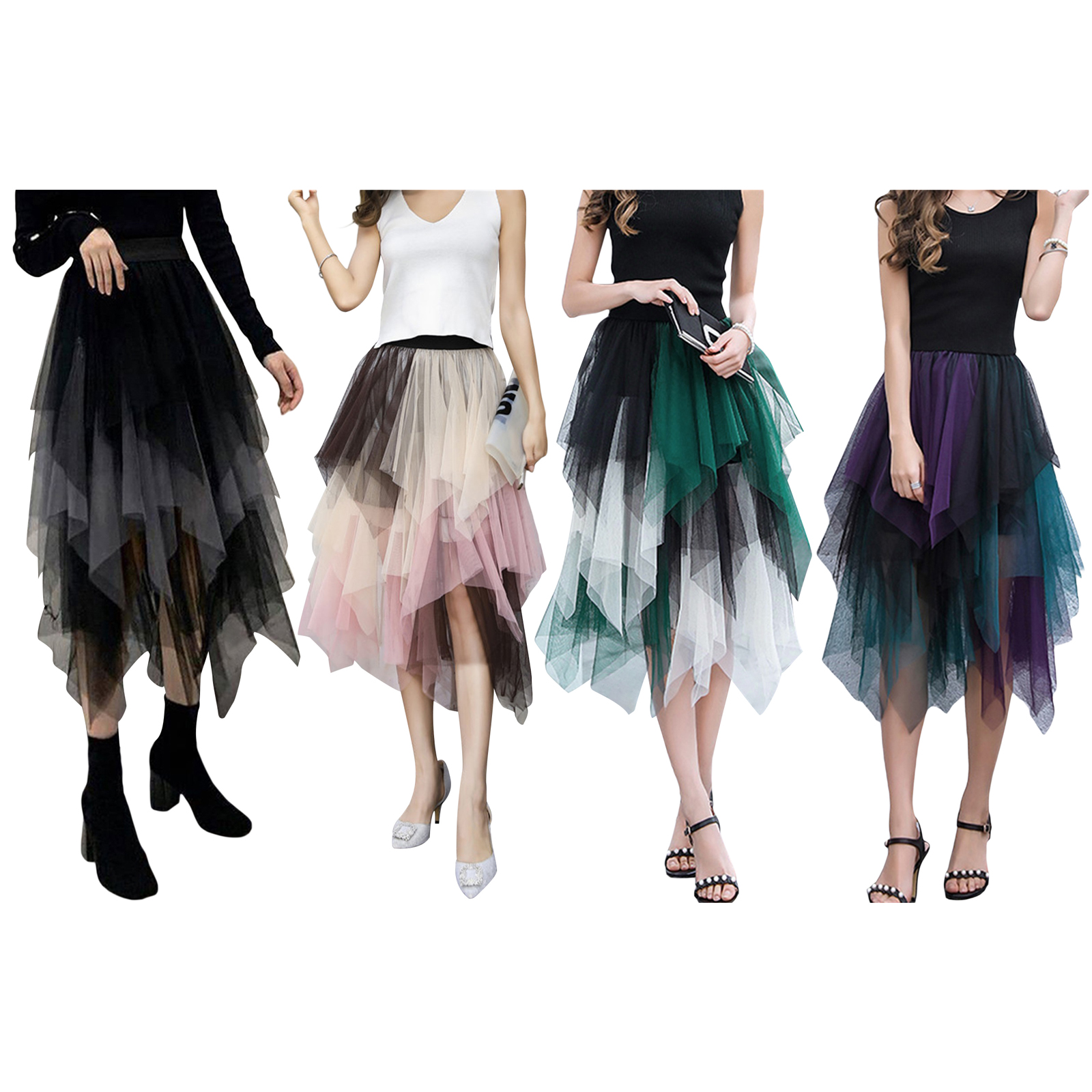 Jupe midi d'automne élégante pour femmes, jupe en tulle à taille élastique adaptée à la fête de rue
