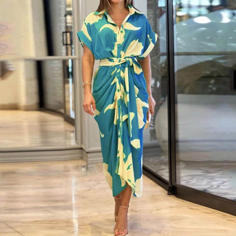 Robes Élégantes pour Femme 2026 – Robe Imprimée Irrégulière à Col Revers et Lacets, Coupe Slim Contrastante, Idéale pour le Travail et les Occasions Spéciales