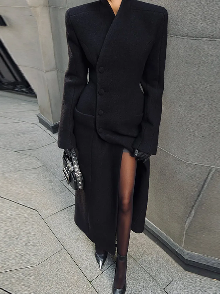 Manteau Long élégant pour femmes, col en v, couleur unie, Slim, simple boutonnage, taille fermée, veste dame, automne hiver 2021, Chic, Streetwear féminin