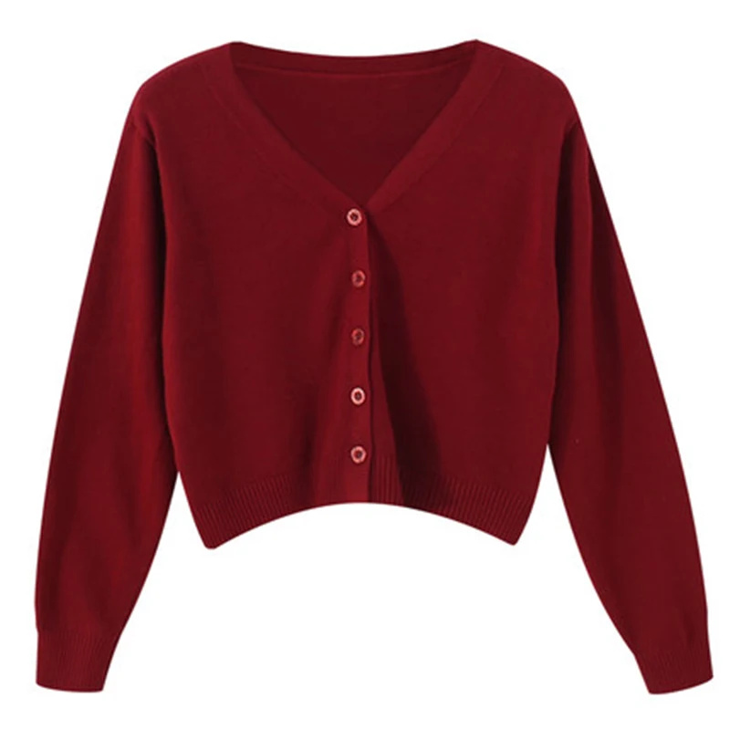 Cardigan court à manches longues pour femmes, col en V, boutonné, tricot, automne et printemps, pull à simple boutonnage