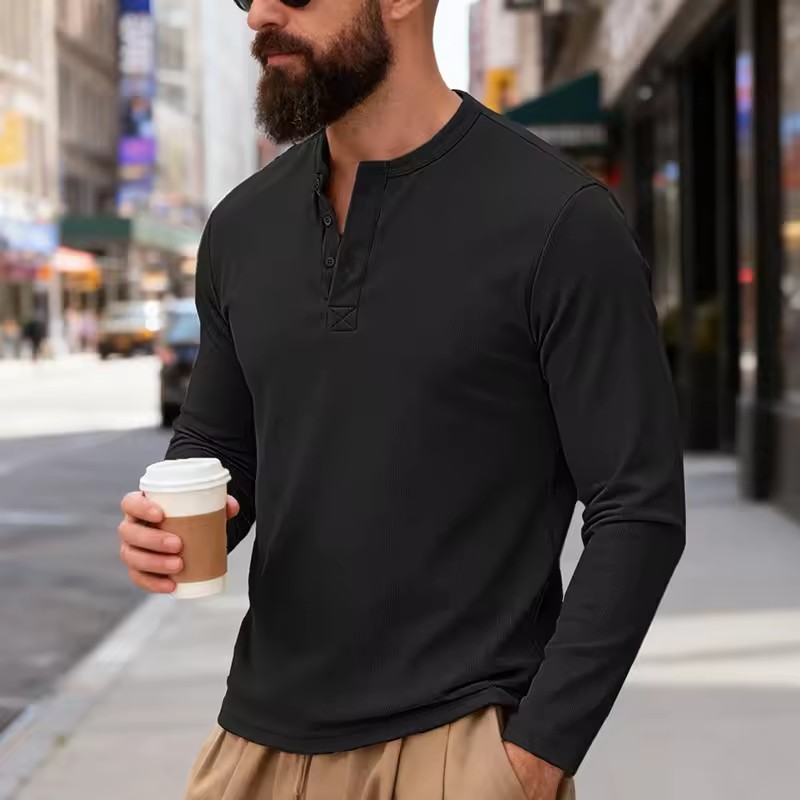 T-shirt Henley à manches longues pour homme, collection Printemps-Automne 2026, couleur unie, décontracté, pour le quotidien