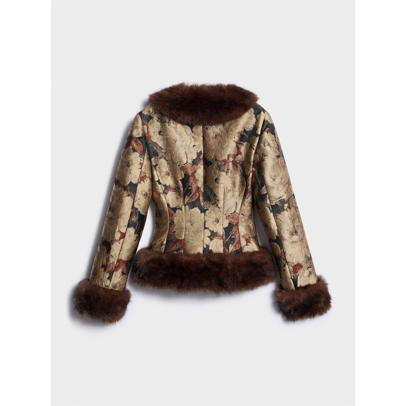 Veste Courte Femme Vintage à Motifs Floraux Jacquard, Col en V, Manches Longues, Bordure en Fausse Fourrure, Collection Automne Hiver 2026, Tenue Quotidienne pour Femme