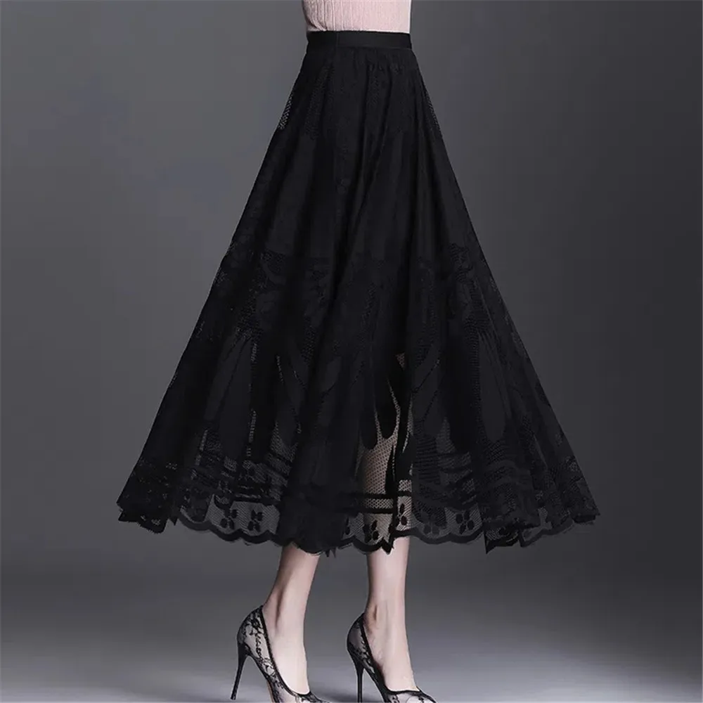 Jupe longue en dentelle taille haute pour femmes, nouvelle jupe noire A-Word, robe de bureau élégante pour dames, grande balançoire, gaze, jupe plissée creuse Streetwear