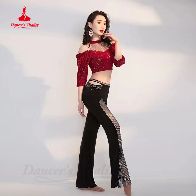 Costume de phtalperformance pour femme, danse du ventre professionnelle, haut et pantalon à demi-manches, vêtements trempés et brillants