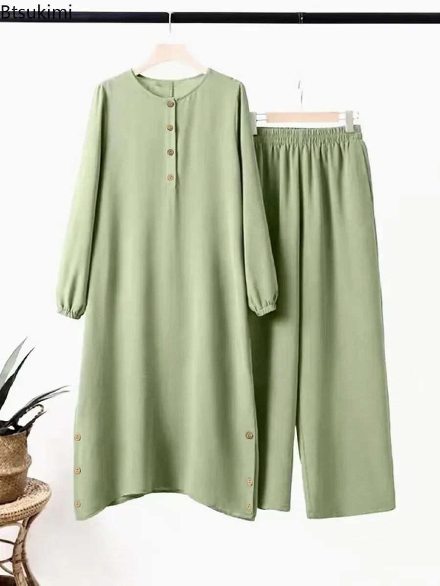 Chemisier arabe pour femmes musulmanes, ensembles assortis, survêtement élégant pour femmes, chemise unie décontractée + pantalon à jambes larges, costume, vêtements modestes