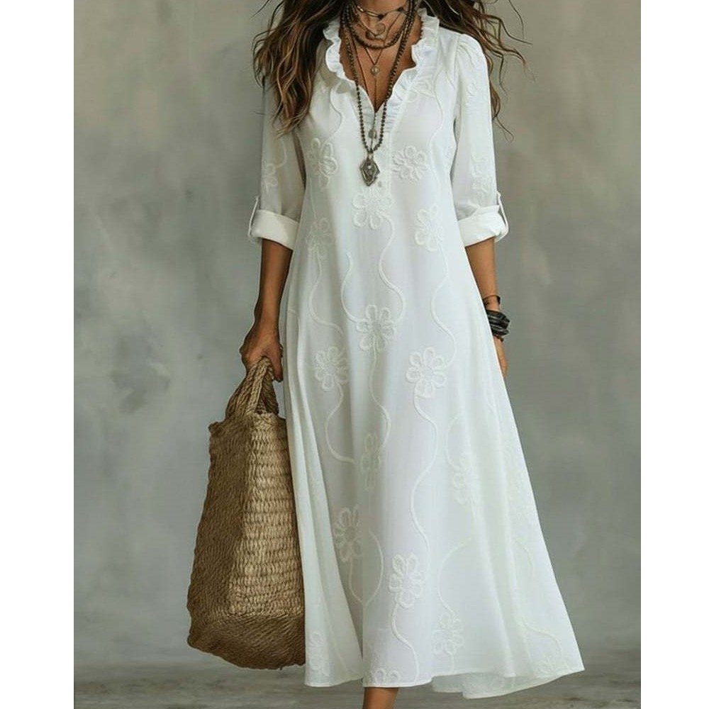 Robe longue à imprimé numérique tendance, coupe ample et style simple, avec manches mi-longues, col à oreilles en bois et taille cintrée.