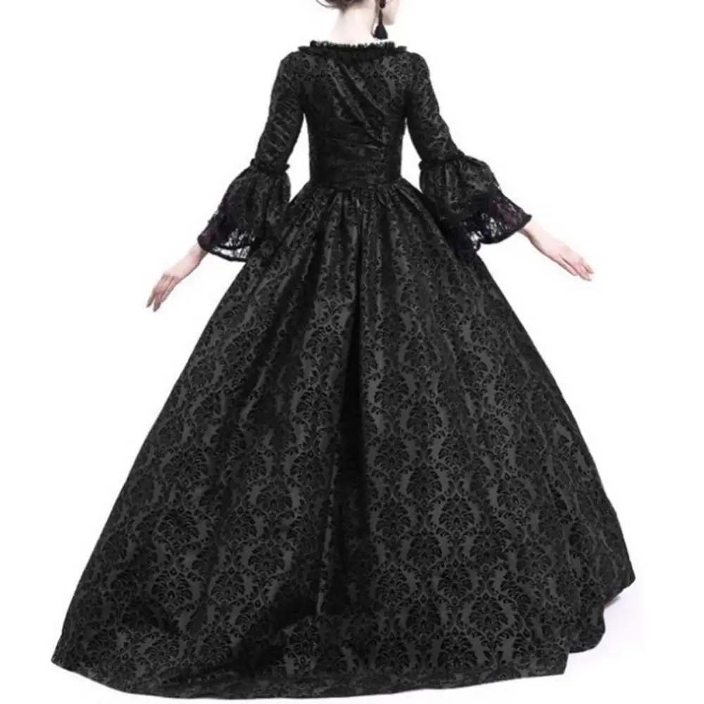 Robe longue vintage médiévale gothique pour femme, col carré, manches évasées, patchwork de dentelle, robe moulante