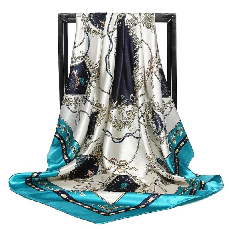 Écharpe en satin 90x90cm pour femmes, écharpe en chaîne imprimée de fleurs de cajou, nouveau style printemps et été, châle pour femmes, nouveau style 2024