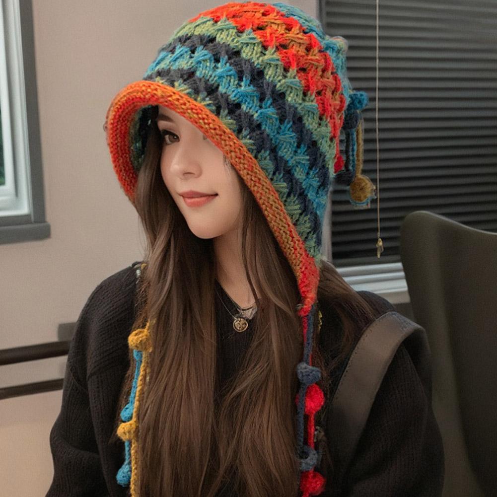 Bonnet en laine tricoté à rayures arc-en-ciel colorées pour femmes, Bonnet de Protection des oreilles au Crochet chaud d'hiver pour filles, Bonnet coupe-vent de neige