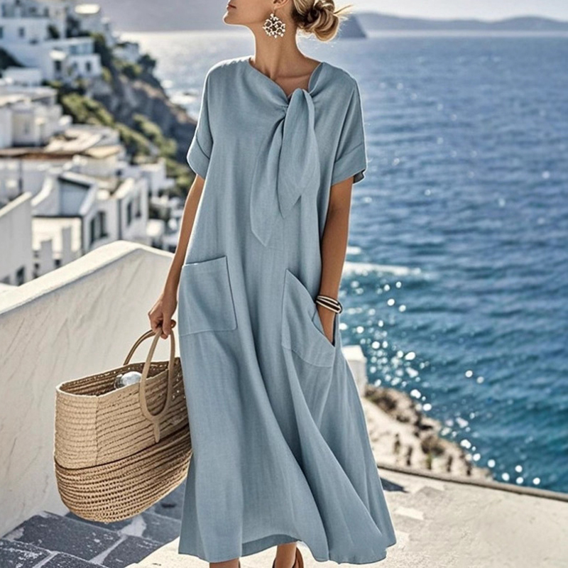 Plage vacances élégant à manches courtes vacances Maxi Robe femmes été nouveau ample poche robes de soirée pour les femmes Robe mi-longue Robe