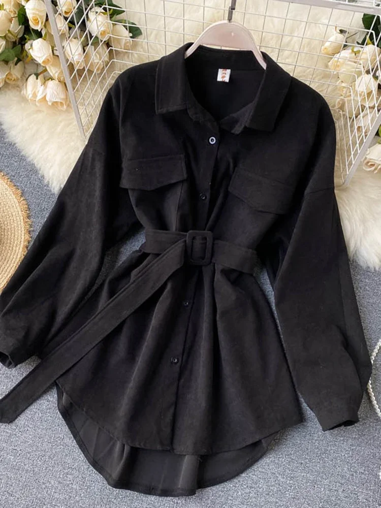 Chemise à manches longues style cargo rétro pour femme, poches, chemise à manches bouffantes, bandage, taille déchirée, Y-Female, printemps, automne, PL438