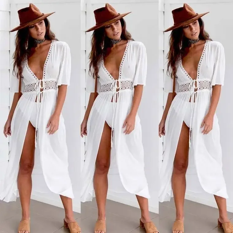 Robe de plage longue à col en V pour femme, cover up pour bikini, tunique blanche, vêtements de plage