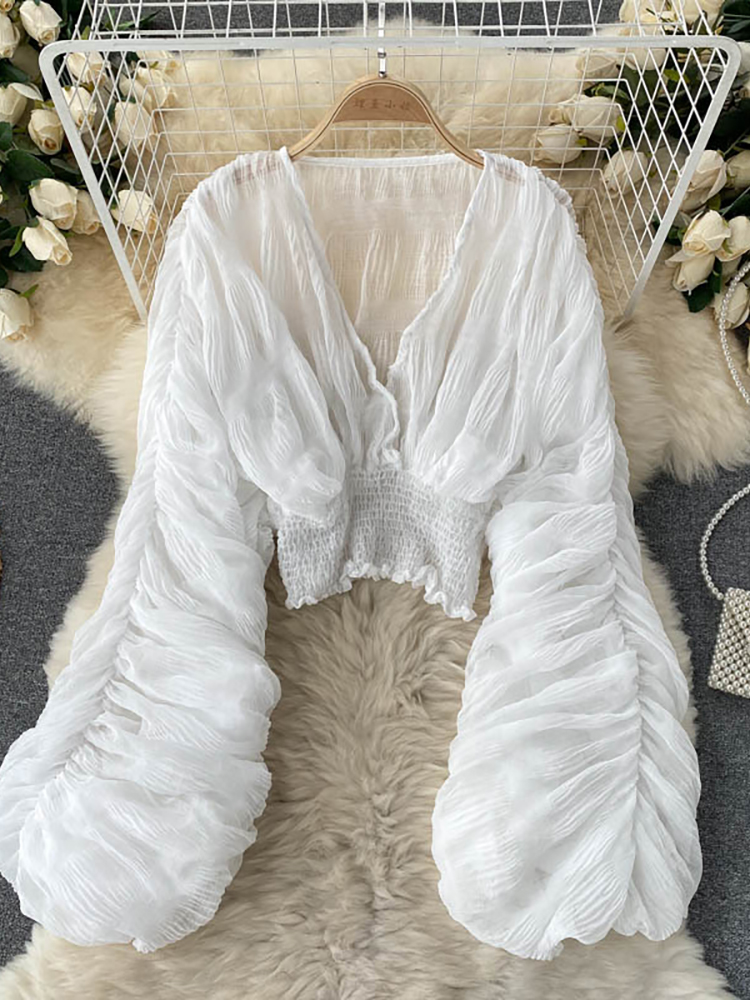 Chemisier drapé en mousseline de soie pour femmes, élégant, col en v, manches longues bouffantes, hauts courts, chemises de soirée slim, nouvelle mode 2022