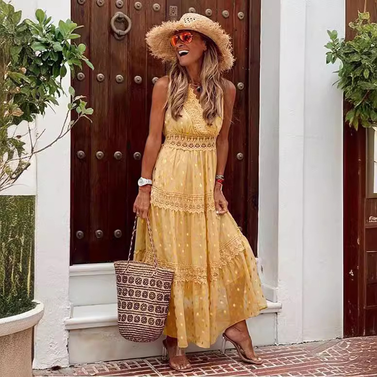 Robe en mousseline de soie, col en v, sans manches, Patchwork, mi-longue, couleur unie, Simple et à la mode, été, 2025