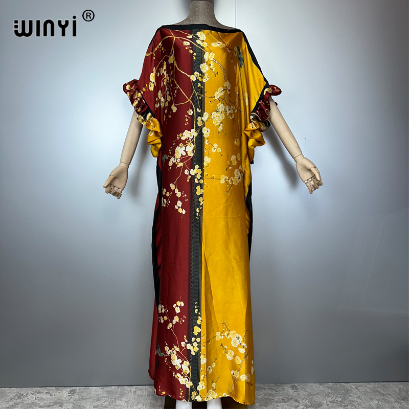 WINYI Robe de soirée bohème d'été, Kaftan ample imprimé de luxe pour femme, Vêtement musulman, Robe de plage pour les vacances, Caftan tendance