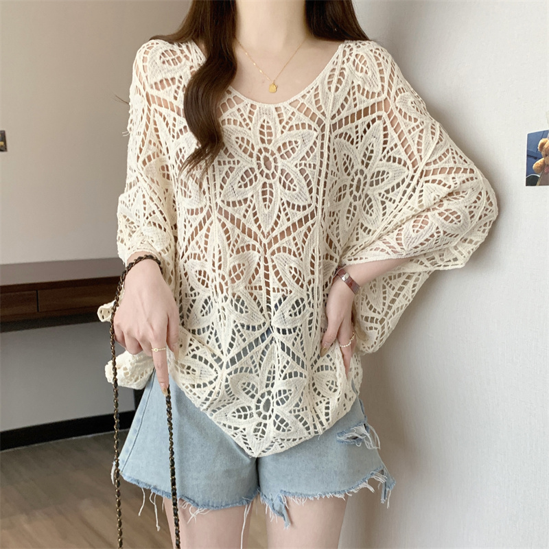 Haut en dentelle au crochet pour femme, transparent, ajouré, brodé de fleurs, en maille, ample, style bohème, pour l'été et les vacances à la plage