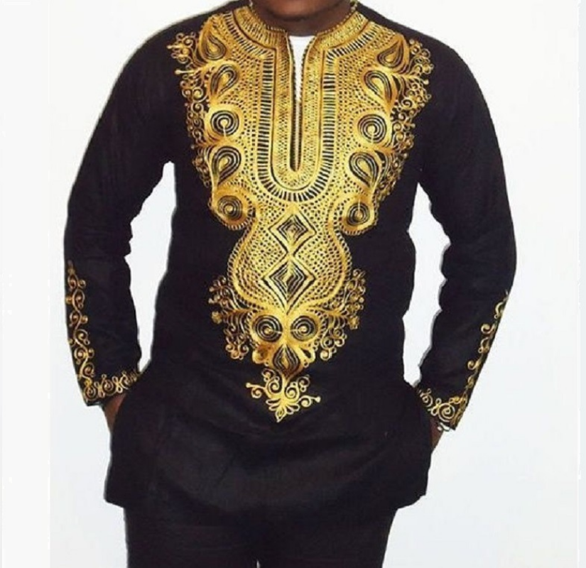 Ensemble chemise et pantalon Dashiki pour homme africain, imprimé métallique, hauts à manches longues, tunique, col en V, vêtements traditionnels assortis, pantalon