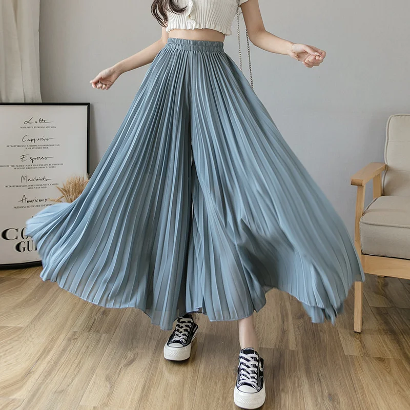 Pantalon large taille haute en mousseline de soie pour femme, mode coréenne décontractée, vêtements plissés, élégant