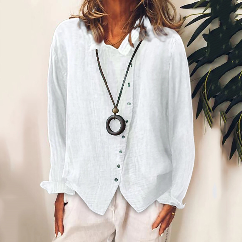 Chemisier femme 2026 décontracté d'été respirant ample couleur unie élégant en coton et lin à manches longues – Vêtements féminins
