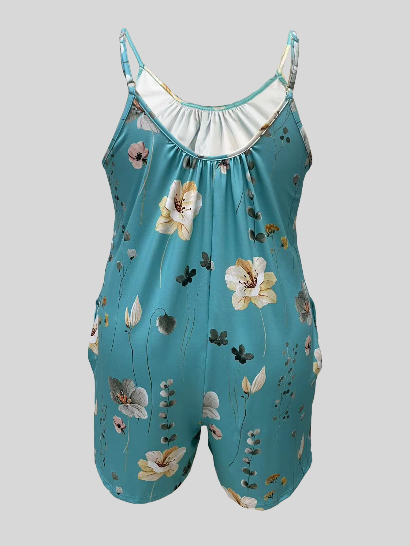 Combinaison barboteuse Cami imprimée grande taille, combinaison barboteuse sans manches froncée avec poches décontractées, vêtements grande taille pour femmes