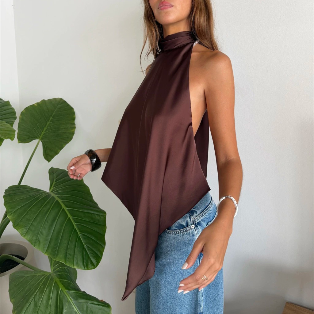 Hirigin – Hauts en satin pour femmes, dos nu sexy, asymétriques, sans manches, à lacets au dos, en soie, pour sortir