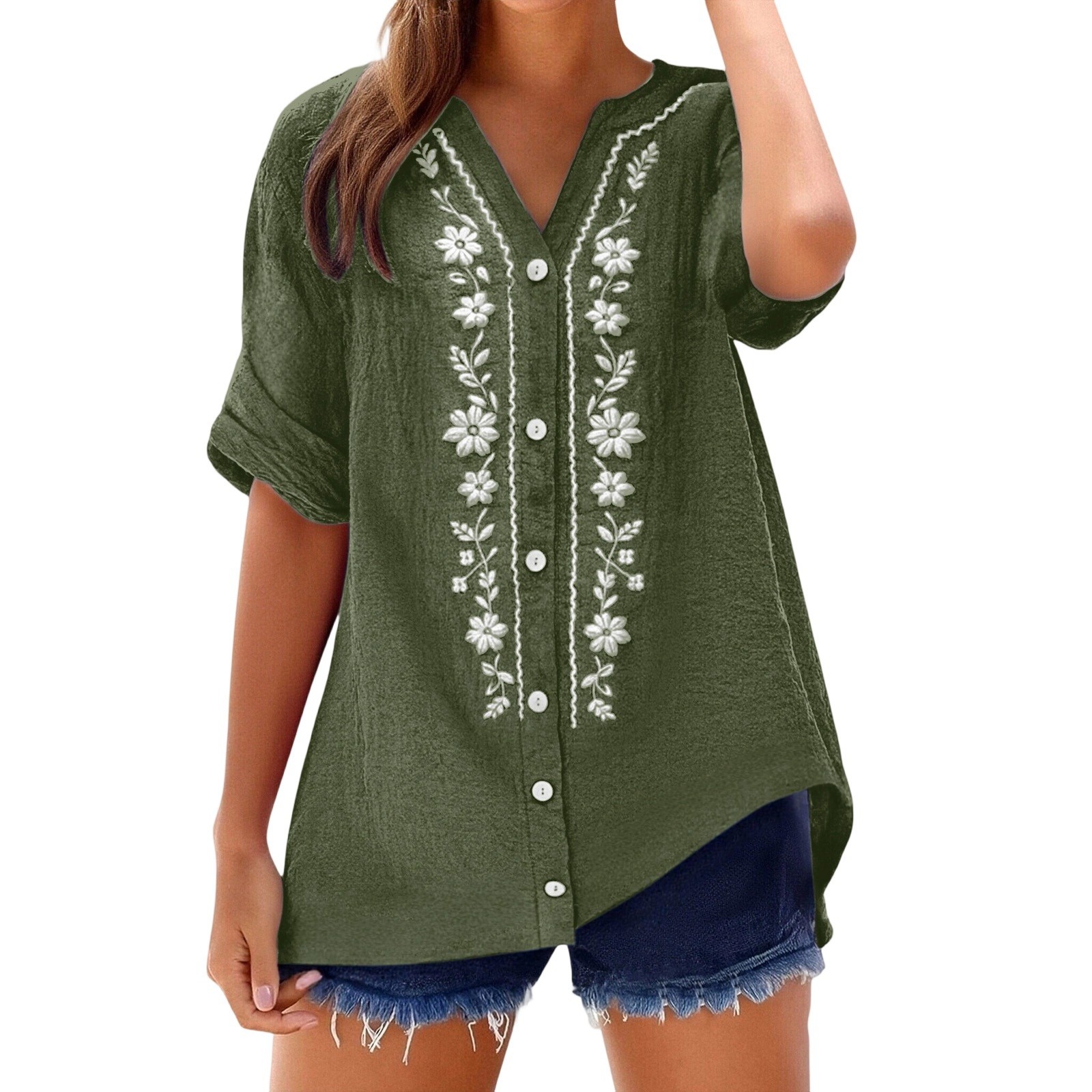 Chemisiers vintage à broderies florales pour femmes, chemises décontractées d'été à col en V et manches courtes, blusas mujer, chemises boutonnées, tuniques en coton et lin