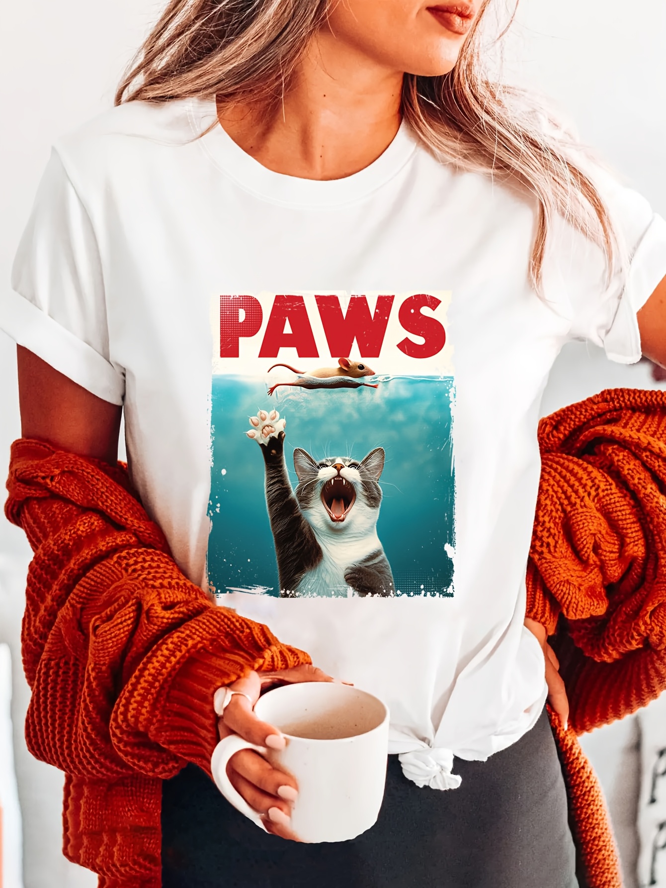 T-Shirt décontracté pour femmes, avec parodie de pattes, imprimé chat et souris, col rond, manches courtes, tissu en tricot légèrement extensible, haut toutes saisons