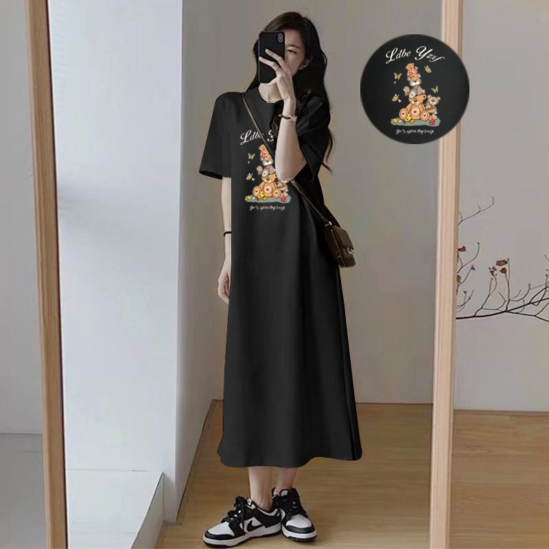 Robe longue décontractée pour femmes coréennes, imprimé ours mignon, manches courtes, col rond, robe maxi d'été