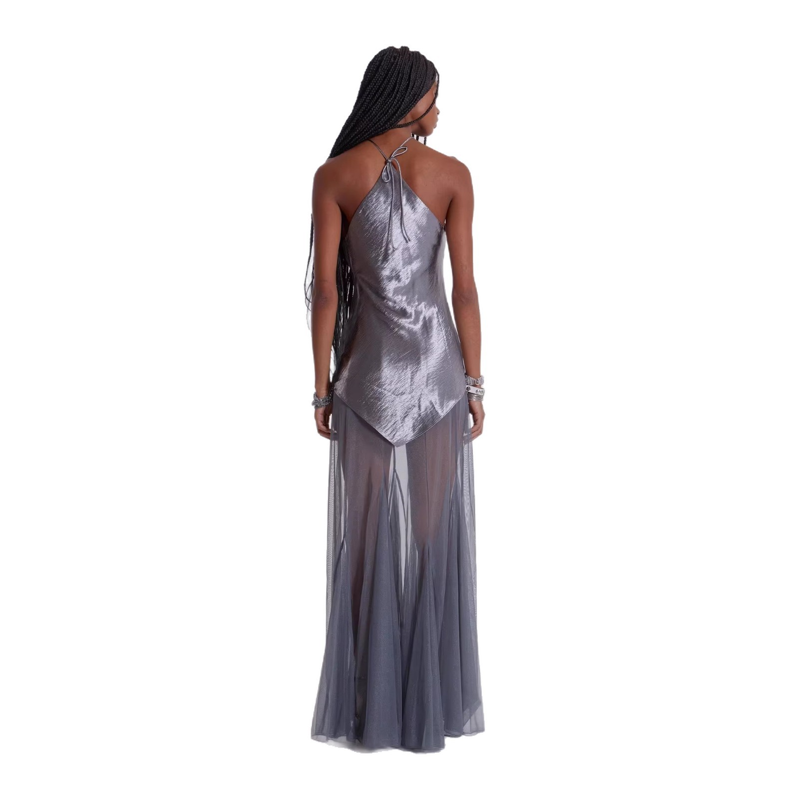 Nouvelle Robe Longue de Soirée de Luxe 2026 en Soie Satinée Color Block Noire avec Plumes et Col Halter Transparent – Style Élégant