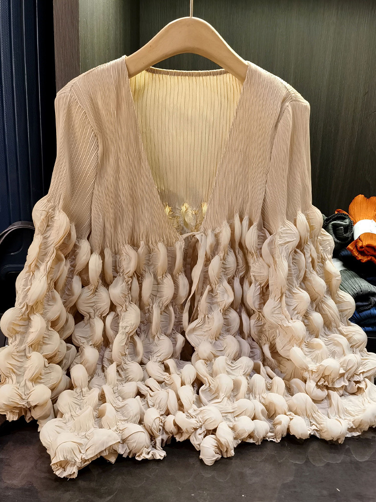 Femmes manteaux élégants plissé à manches longues vestes à lacets épissé décontracté col en V manteau élégant dame Cardigan vêtements d'extérieur automne 2025