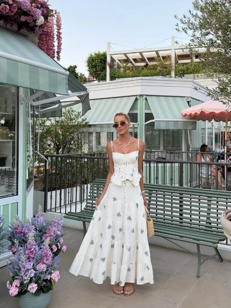 Ensemble 2 pièces pour femme, imprimé floral bleu, haut corset camisole, jupe longue à volants, robe d'été à bretelles, style bohème, pour les vacances à la plage