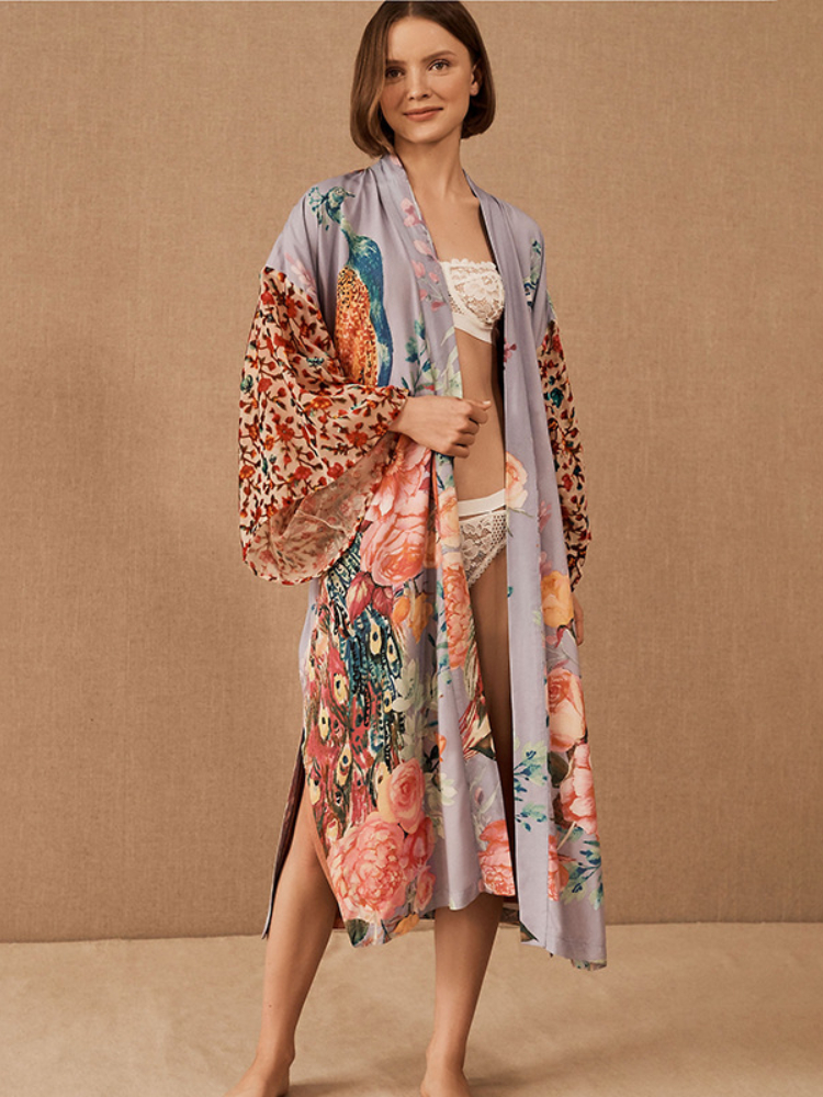 Kimono de plage imprimé Peocock pour femmes, cover-up, robes rondes auto-ceinturées, maillots de bain de bord de mer, vêtements de plage