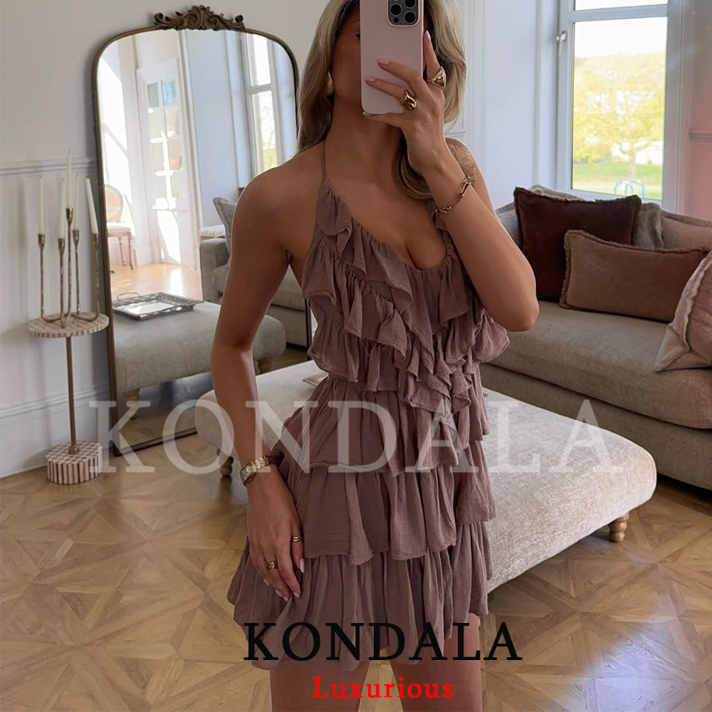 Robe Courte Femme KONDALA Chic Plage et Vacances, Dos Nu, Halter, Volants, Collection Printemps-Été 2026, Idéale Soirées