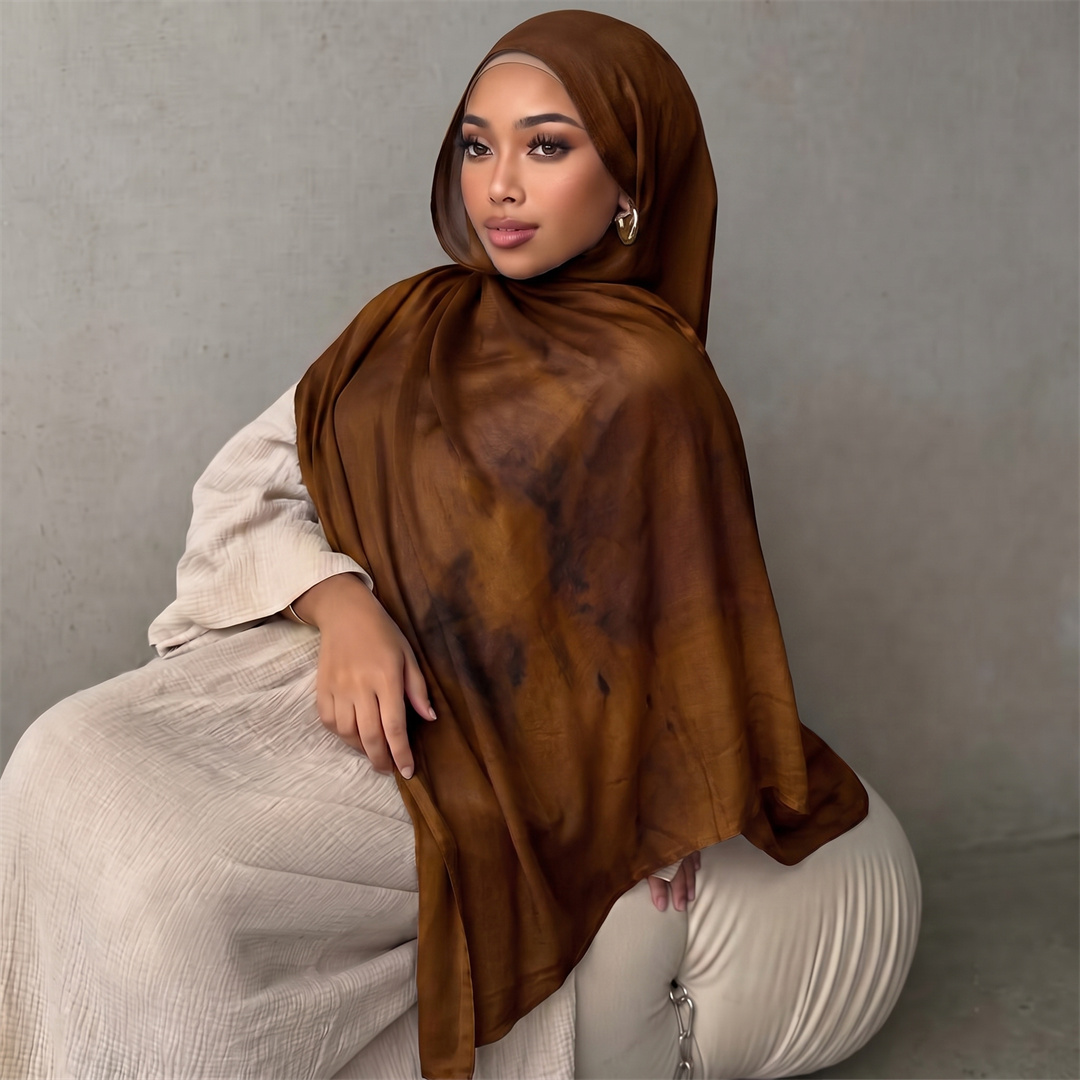 Foulard Hijab en Rayonne Imprimé Effet Encre Fluide Tendance, Doux et Léger, pour Femme Musulmane, Respirant, Turban Quotidien Islamique, Châle Idéal pour Cadeau