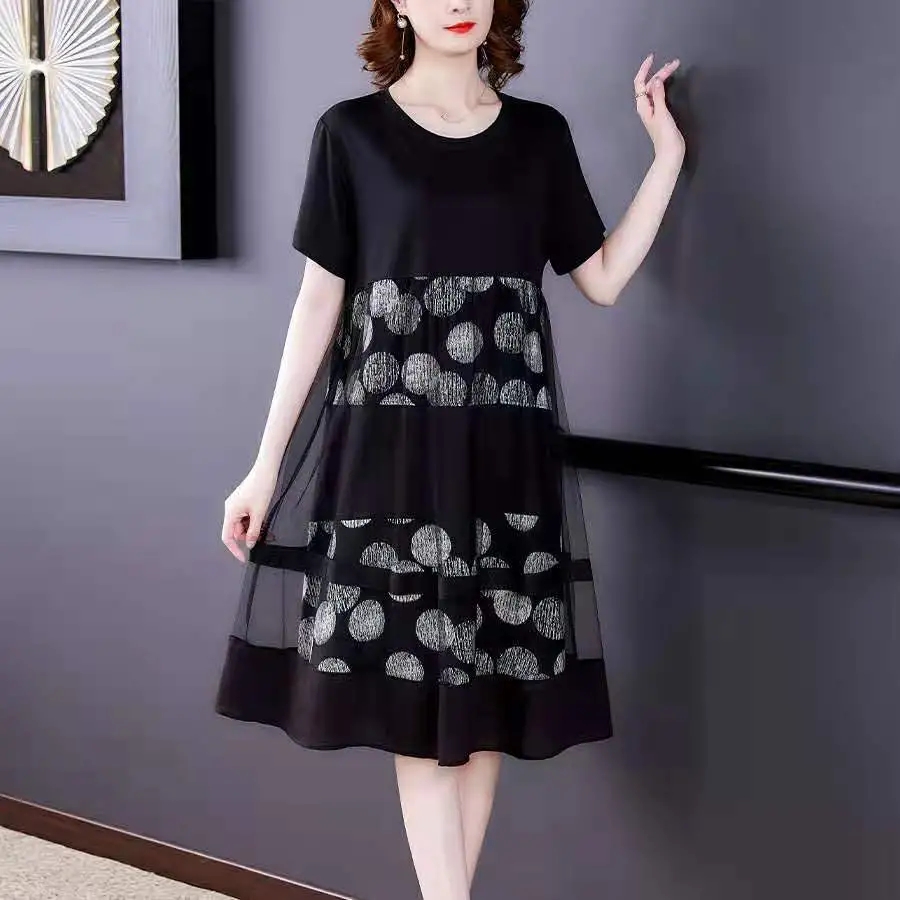 Robe imprimée à manches courtes pour femmes, grande taille, faux deux pièces, mère, mode, femme d'âge moyen, noir, 4XL, été, nouveau