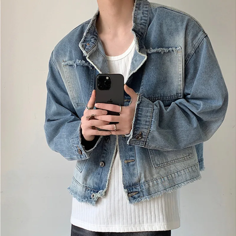 Vestes en jean délavé pour hommes, manteau en jean court décontracté, cardigan nickel é rétro, vêtements d'extérieur courts, streetwear vintage, printemps, automne, nouveau
