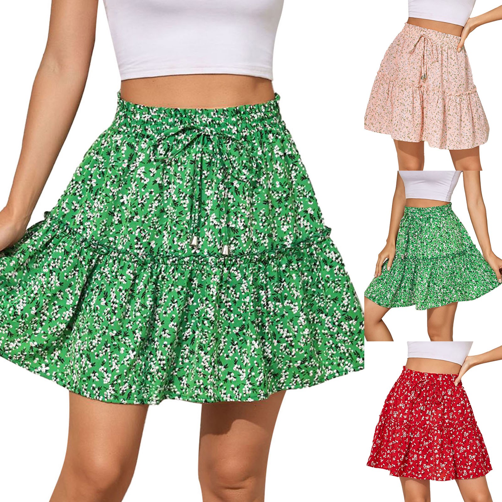 Jupe d'été pour femme, taille haute, à volants, imprimée, style balançoire, mini-jupe de plage, coupe trapèze, longue