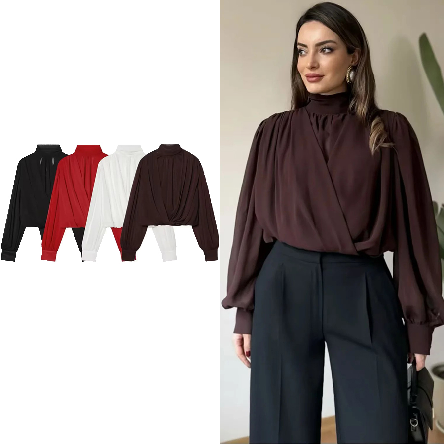 Chemisiers et hauts pour femmes, mode féminine, chemisiers amples à manches longues, élégants, printemps, chemisiers chics pour femmes, hauts à col montant