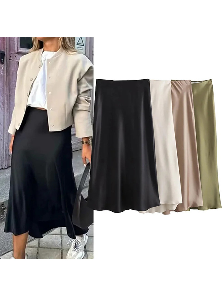 2025 jupe en Satin noir femme taille haute jupes longues élégantes pour les femmes mode été jupe Midi bureau femmes jupes
