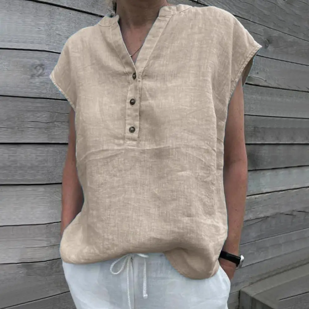 Femmes T-shirt coton lin été Blouse couleur unie Simple à manches courtes col en V séchage rapide vêtements quotidiens Ropa Mujer Blusas