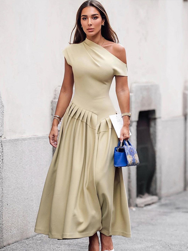 Robe longue élégante pour femmes, ample, col incliné, sans manches, ligne A, couleur unie, mode printemps été, taille haute, 2025