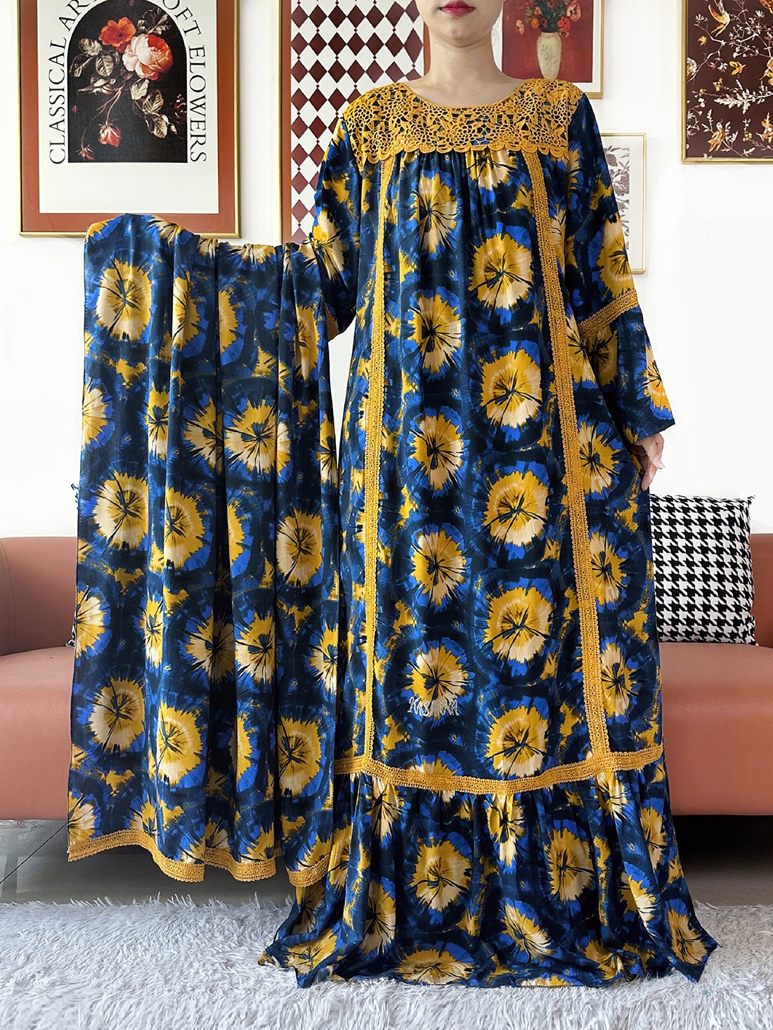 Nouvelle Robe de Soirée pour Femme, Style Kashkha, Broderie Florale en Dentelle, Abaya en Coton, Boubou Africain, Kaftan Ample Musulman, Robe Longue pour le Ramadan