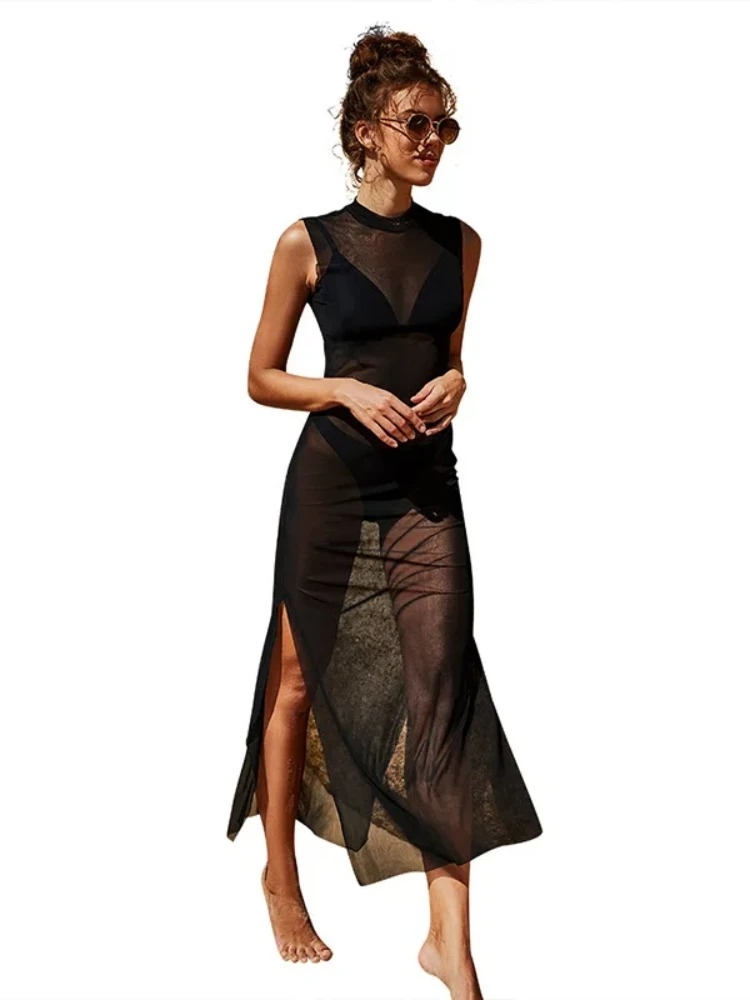 Robes longues en maille transparente pour femmes, vêtements de plage, cache-maillots, noir uni, Vestidos De Mujer, robe en gaze une pièce, robe femme été