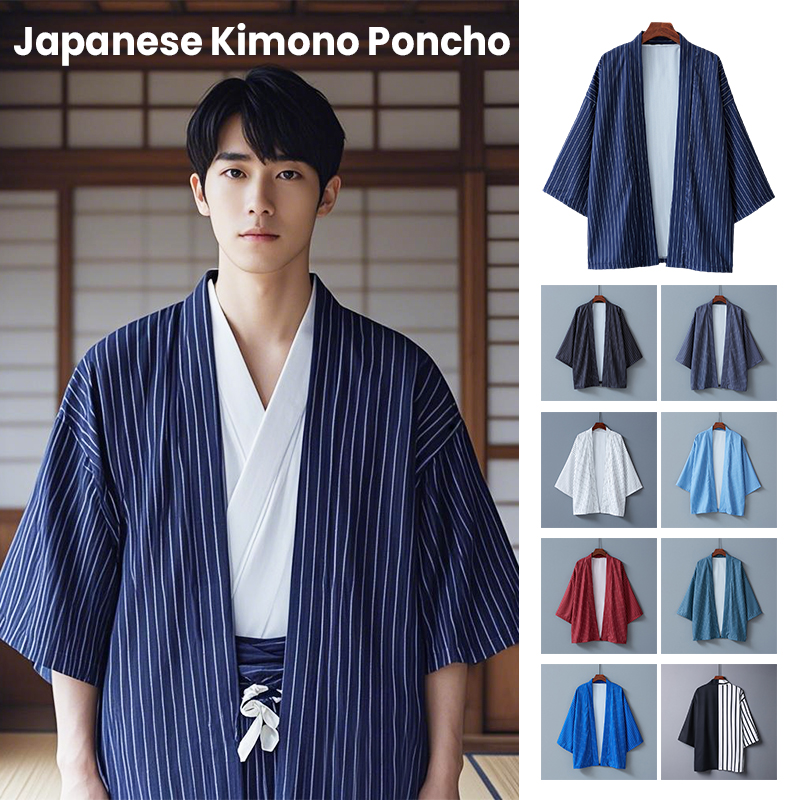Hommes japonais Kimono Yukata Robe été couleur unie rayé vêtements d'extérieur décontractés cape Haori Spa Sauna bain plage chemise Cardigan unisexe